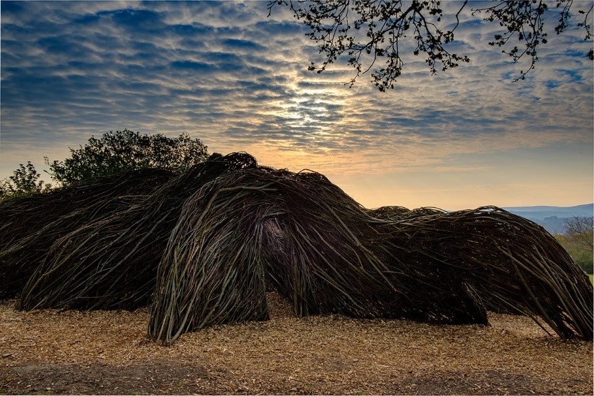 a maze made of willow with the sun setting behind it